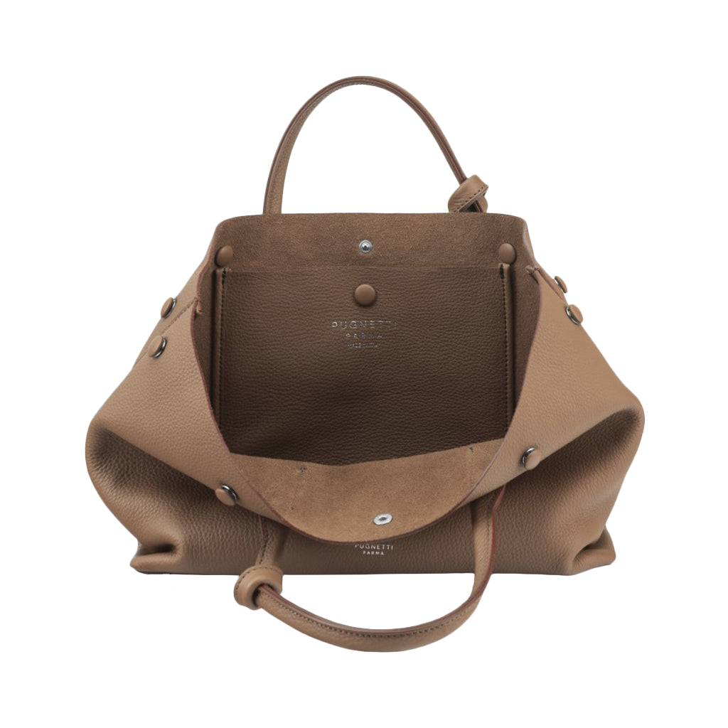 Tan leather handbag with top handles and shoulder strap