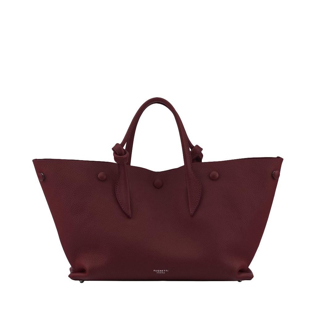 Burgundy leather tote bag with handles and button accents