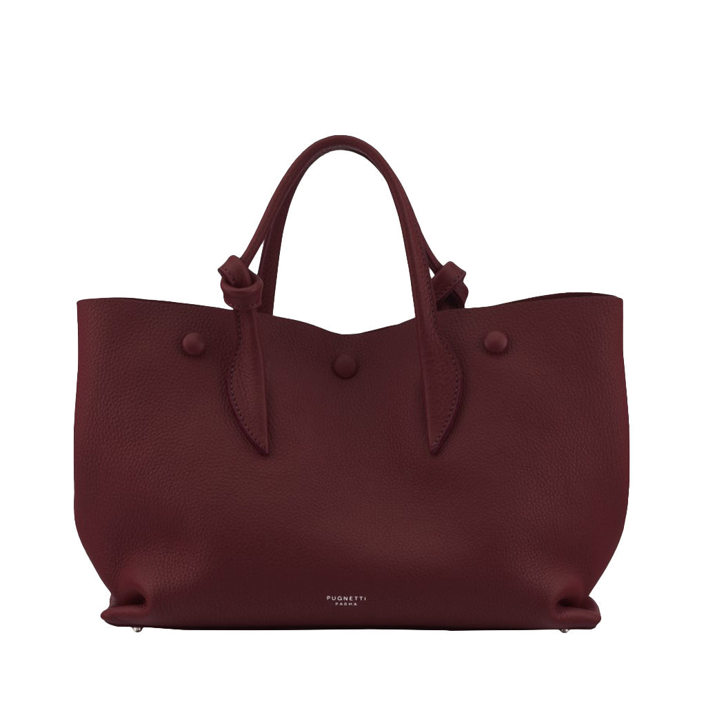 Maroon leather tote bag with dual handles and button details