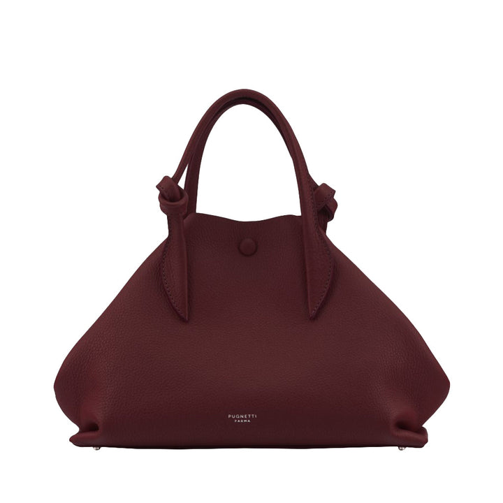 Maroon leather handbag with handles and minimalist design