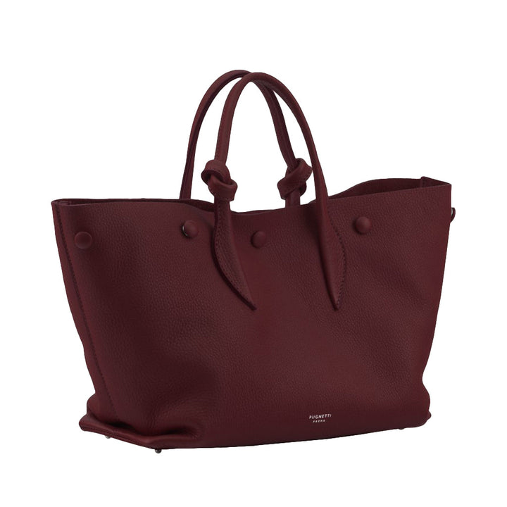 Maroon leather tote handbag with double handles and a minimalist design