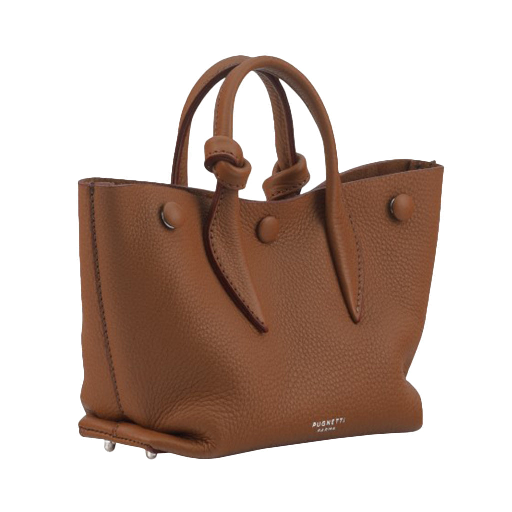 Brown leather handbag with top handles and silver accents