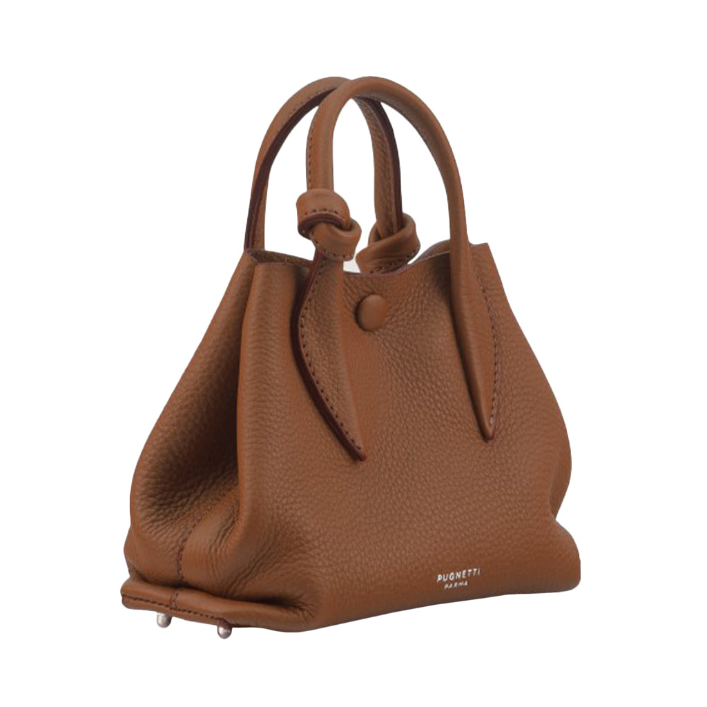 Luxurious brown leather handbag with elegant handles and branded logo