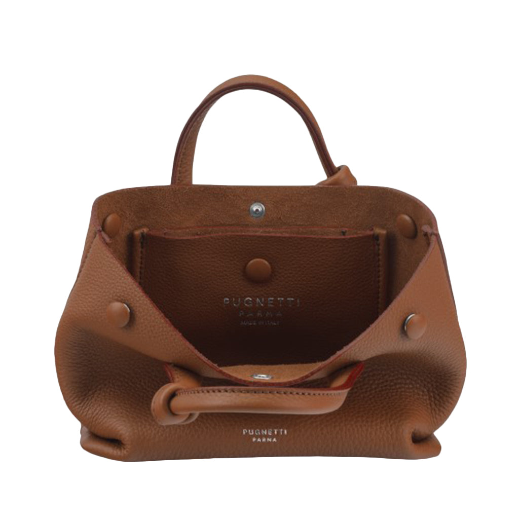 Open brown leather handbag with visible brand name 'Pugnetti Parma'