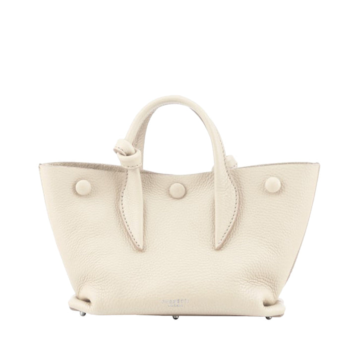 Cream leather handbag with top handles and button accents