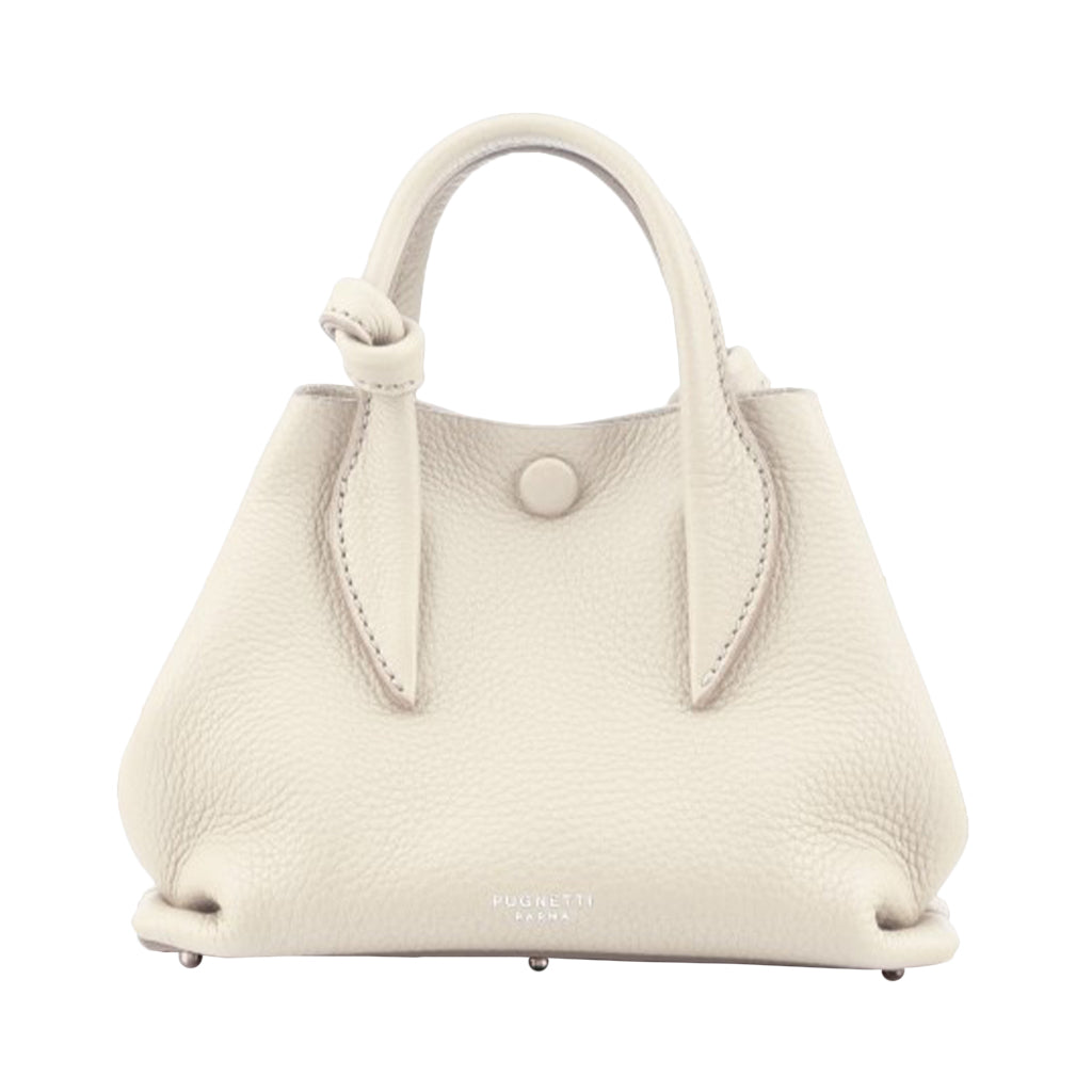 Beige leather handbag with handle and button closure