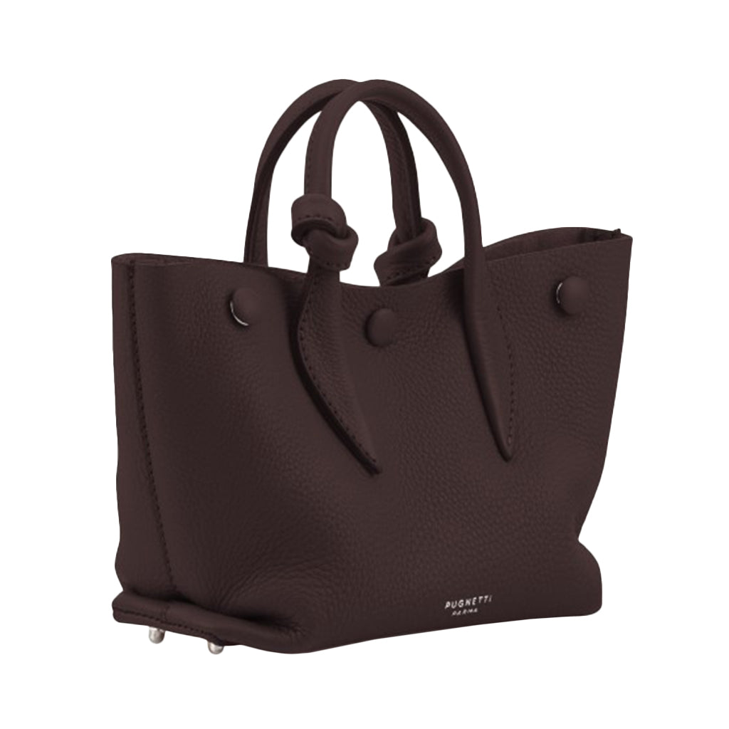 Dark brown leather tote bag with handles and metal accents from PUGNETTI PARMA