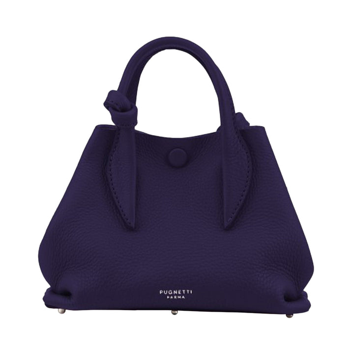 Elegant purple designer handbag with dual handles and button detail