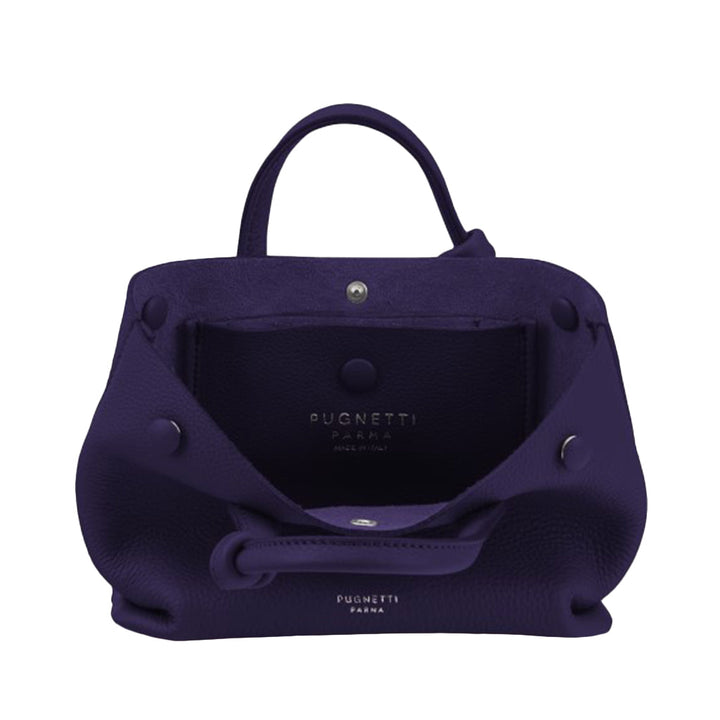 Open navy blue Pugnetti Parma handbag displaying interior and brand logo