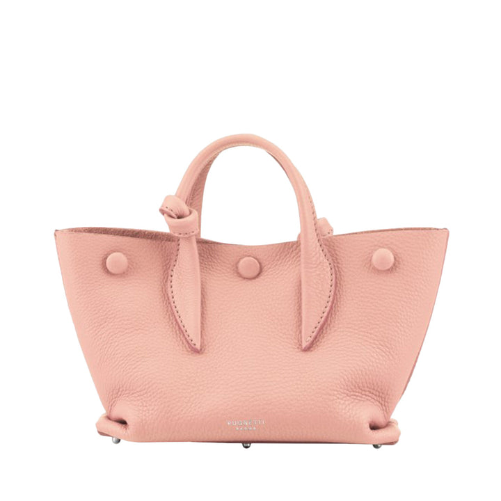 Pink leather tote handbag with textured finish and sturdy handles