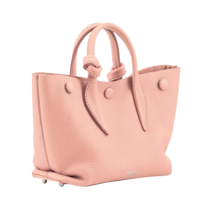 Pink leather handbag with top handles and textured finish