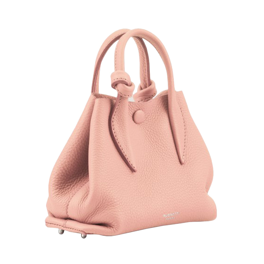 Pink leather handbag with textured finish and double handles