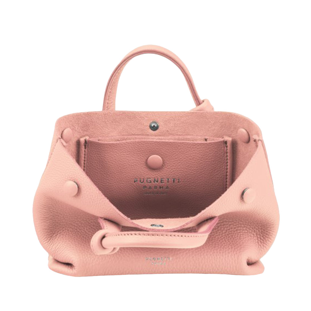 Open pink leather handbag with FUGNETTI branding and snap button closure