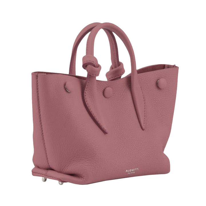 Pink textured leather handbag with top handles and silver rivet details