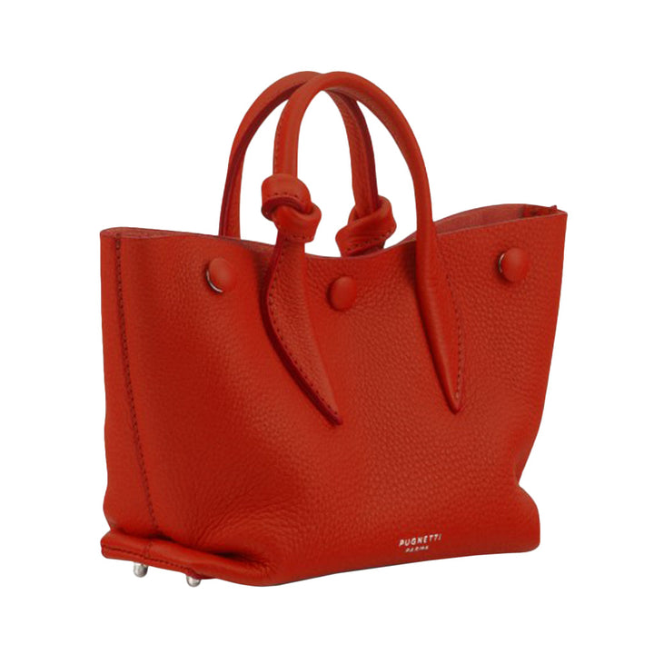 Red leather handbag with double handles and brand name Pugnetti Parme embossed