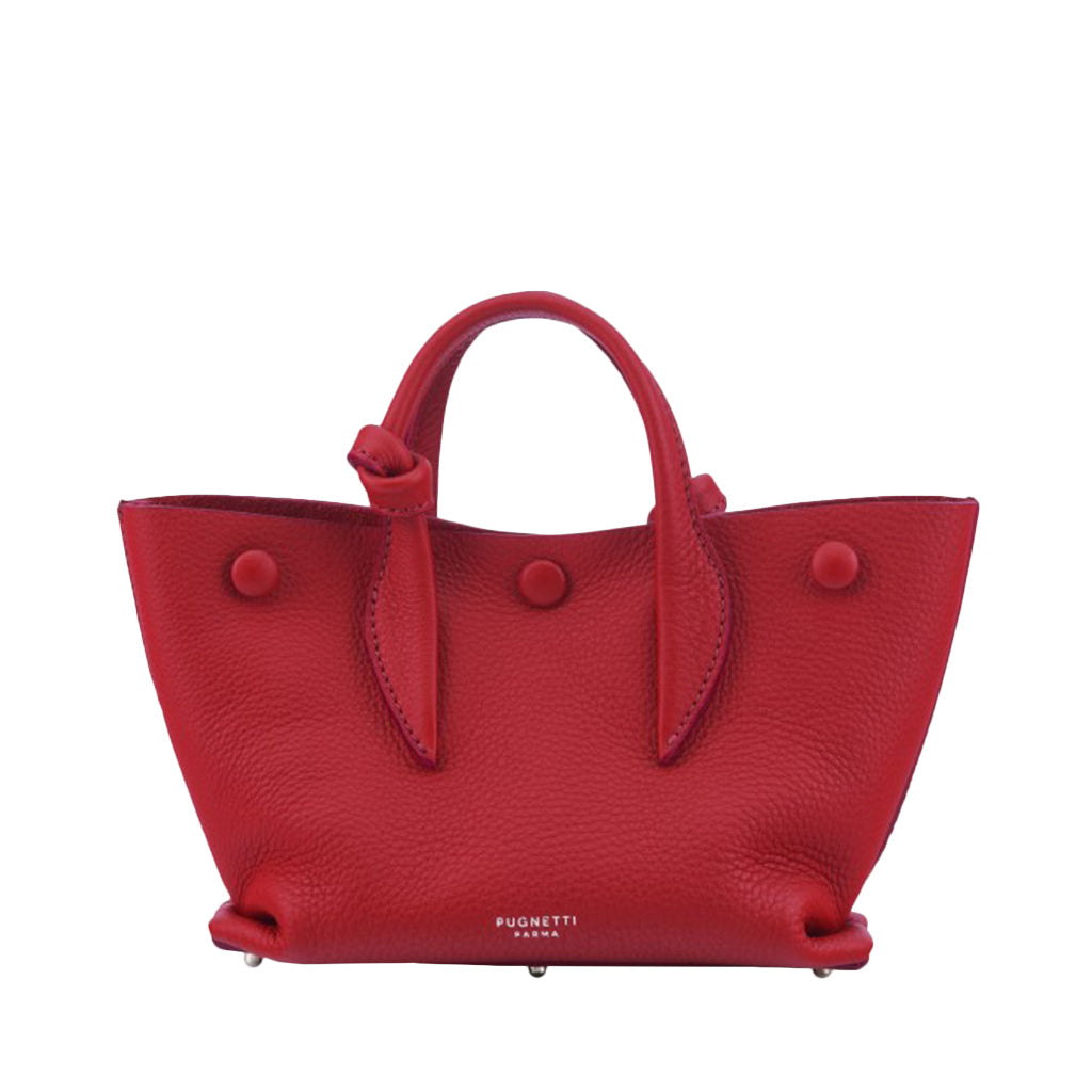 Red leather handbag with short handles and button details