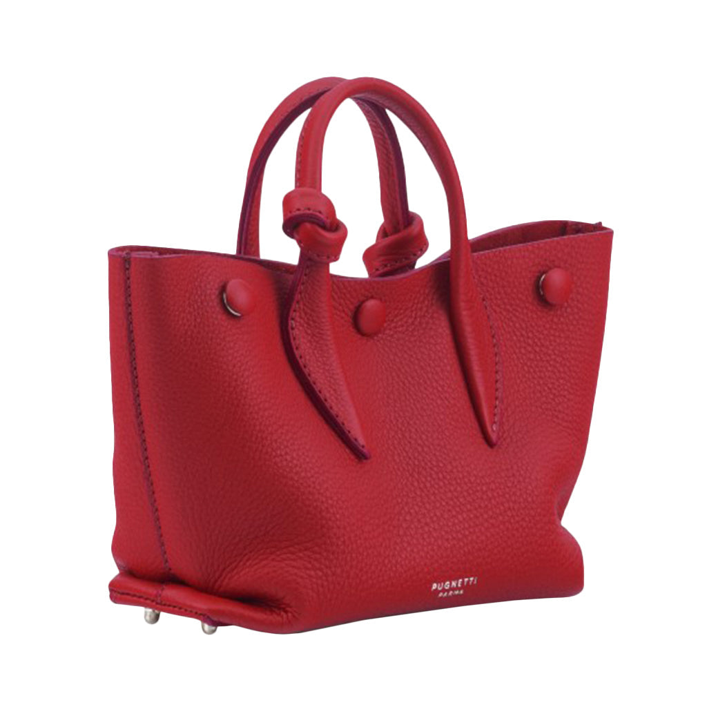 Red leather handbag with double handles and brand name Pugnetti Parisi on the front