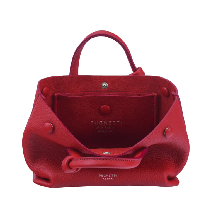 Red Pugnetti Parma leather handbag with open flap showcasing interior