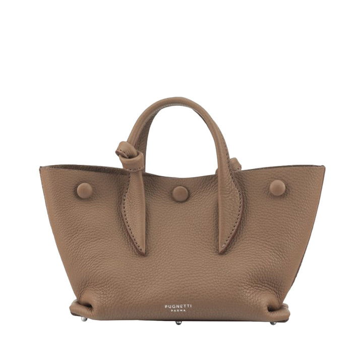 Tan leather handbag with short handles and button details