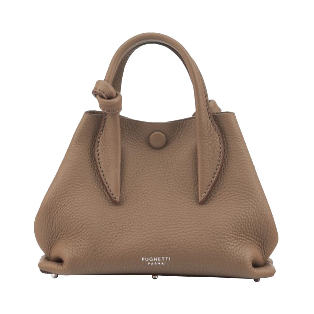 Light brown leather handbag with top handles and brand logo