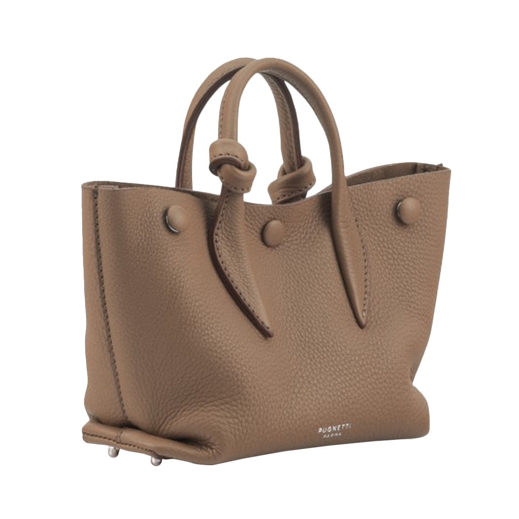 Brown leather handbag with double handles and embossed brand logo