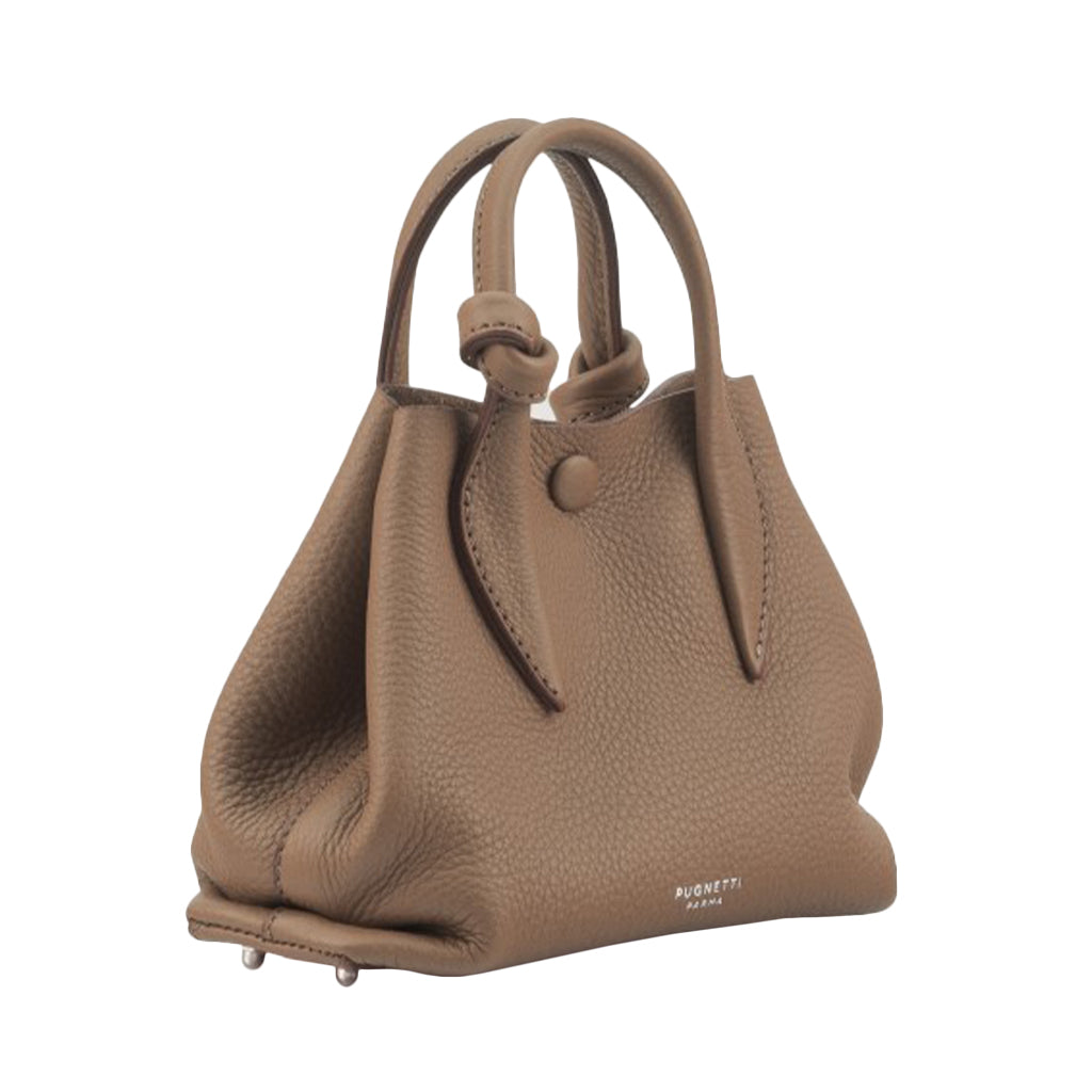 Brown leather handbag with double handles and textured finish