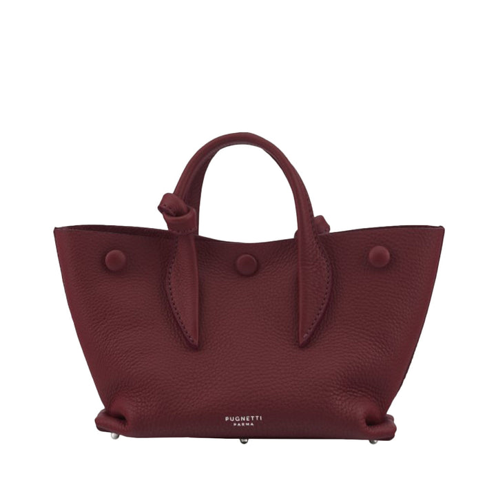 Maroon leather handbag with handles and branded logo