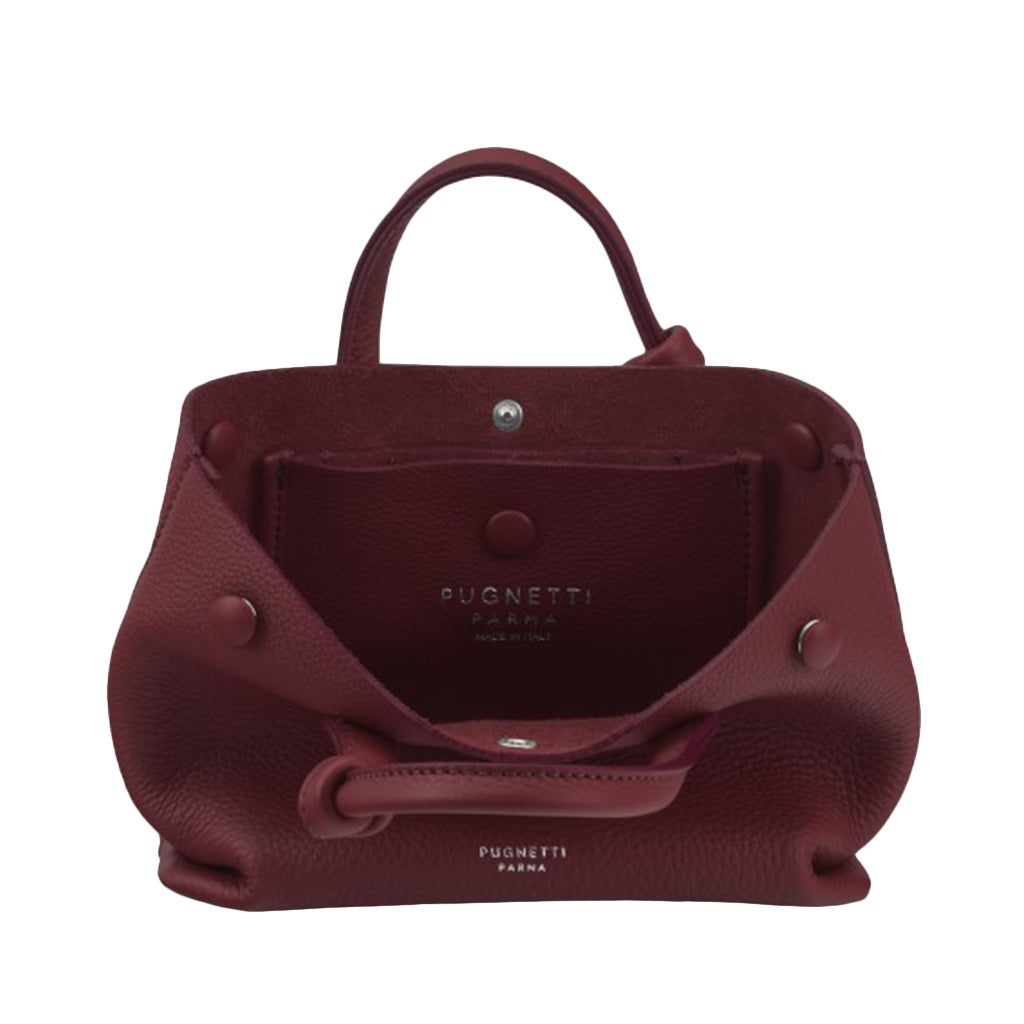 Maroon leather handbag with open top and embossed PUGNETTI PARMA branding