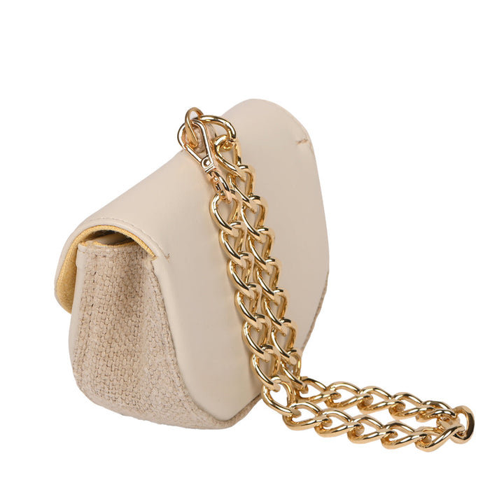 Beige handbag with gold chain strap and woven texture