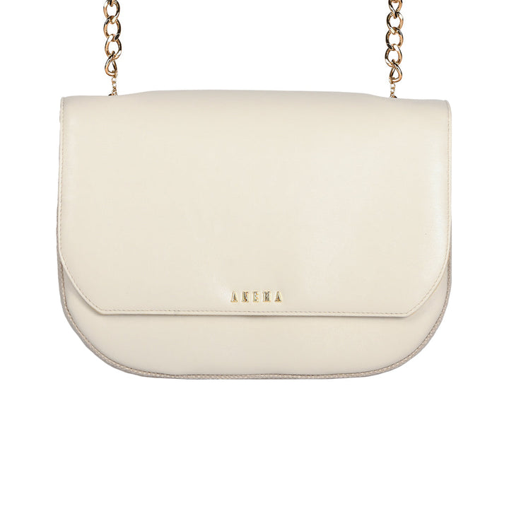 Cream-colored leather crossbody bag with gold chain strap and embossed logo