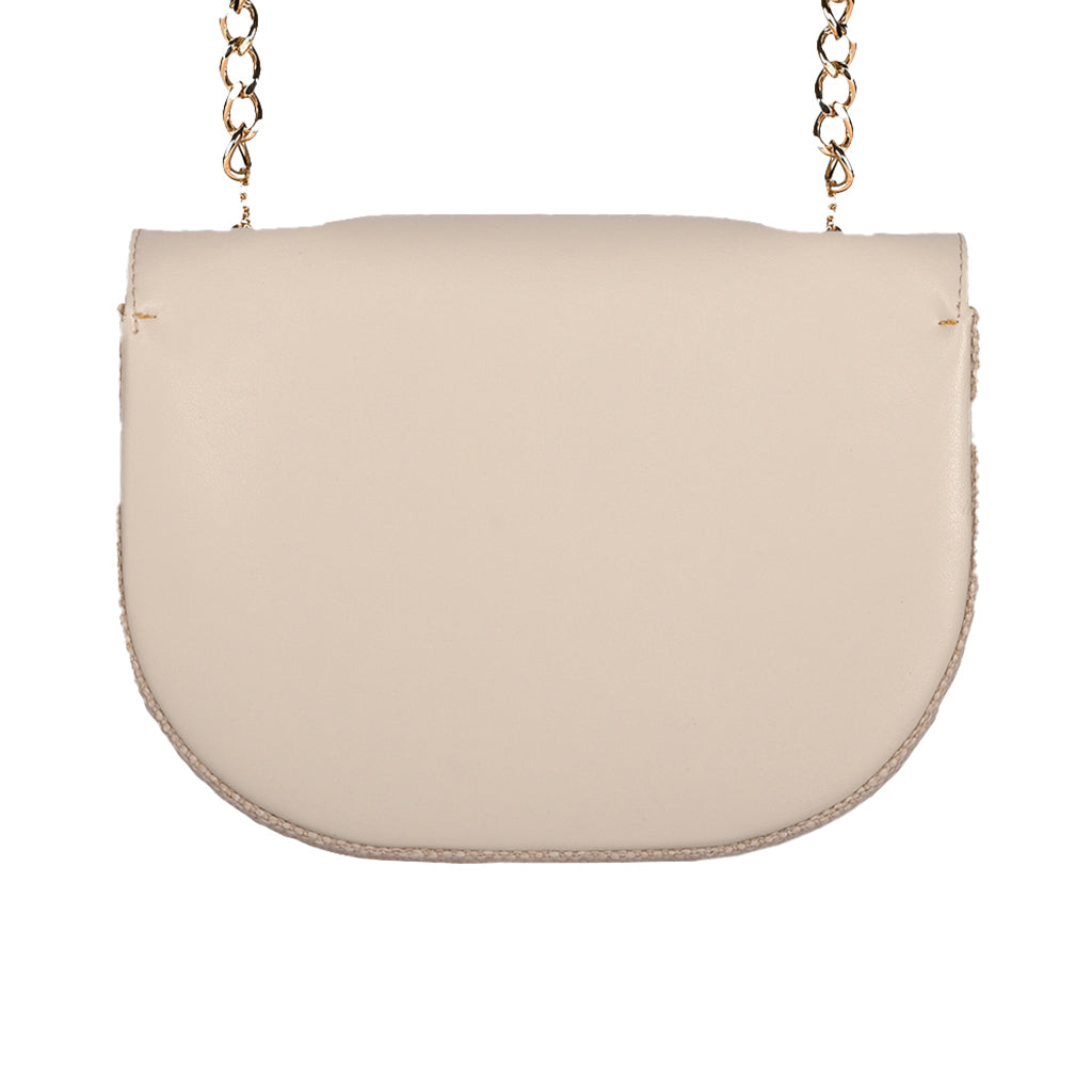 Beige leather crossbody bag with gold chain strap