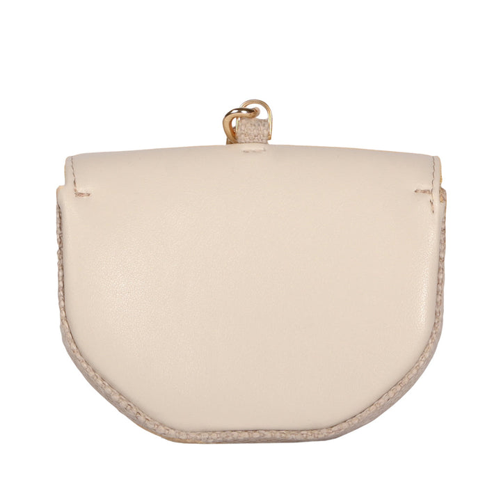 Beige leather coin purse with snap closure and key ring attachment