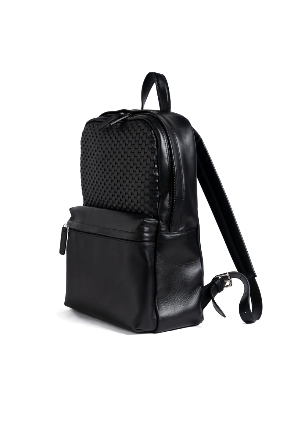 Black leather backpack with woven front pocket and zipper closures