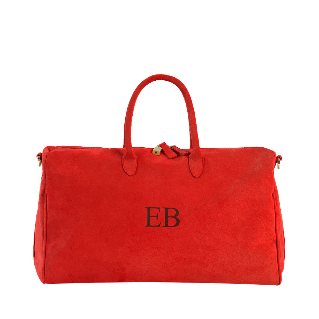 Red suede travel duffel bag with EB monogram and leather handles