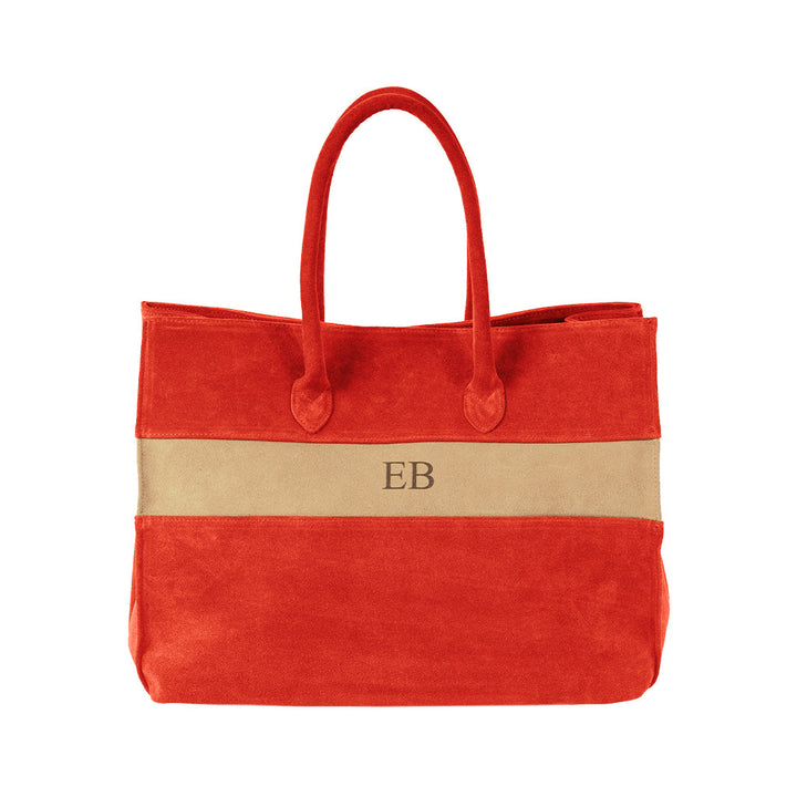 Red suede tote bag with beige stripe and embroidered initials EB