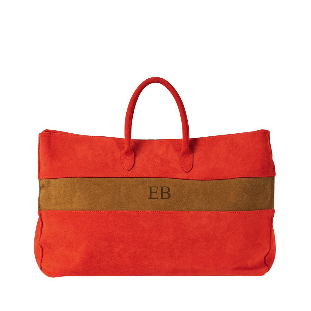 Bright orange suede tote bag with brown accent and monogram EB