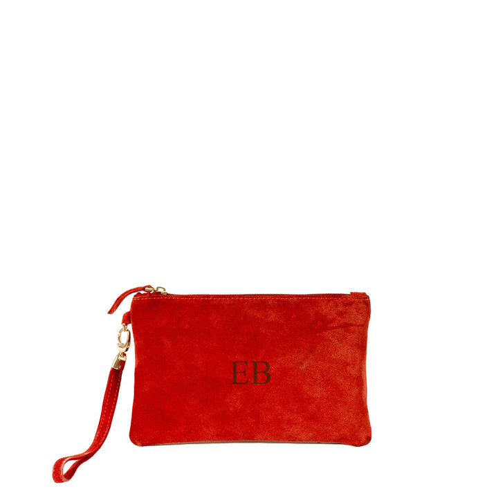Red suede wristlet clutch with EB initials