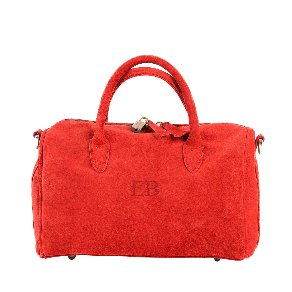 Bright red suede handbag with top handles and gold zipper, monogrammed with EB