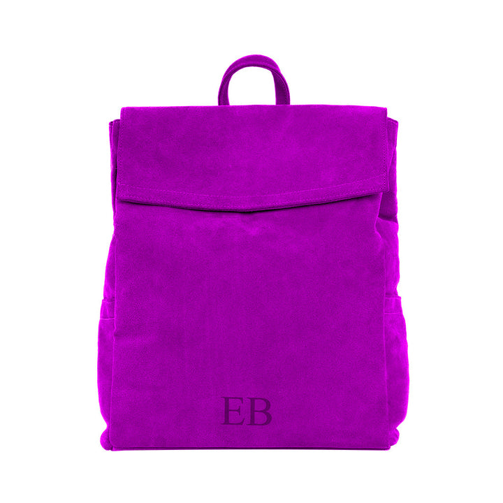 Bright pink suede backpack with front flap and EB monogram