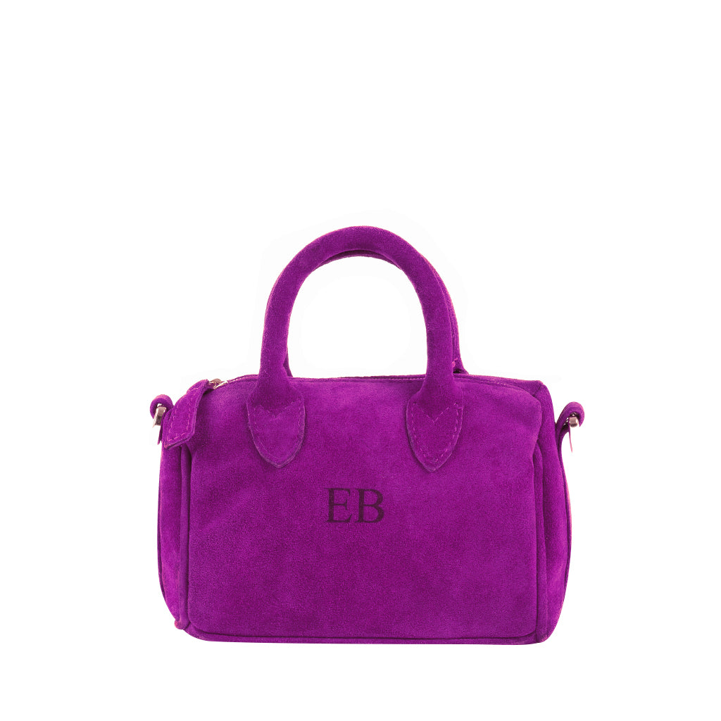 Purple velvet handbag with monogrammed initials EB on the front