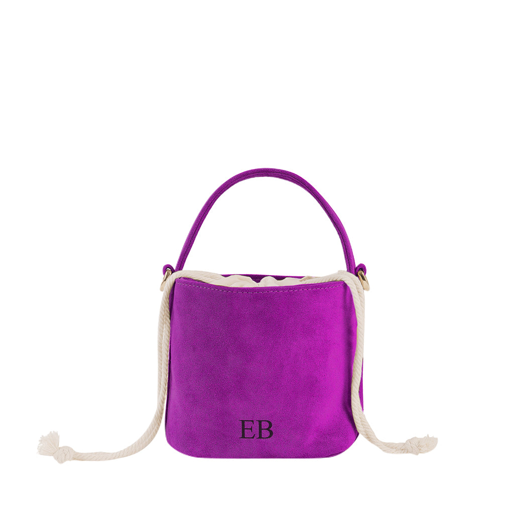 Purple velvet bucket bag with rope handle
