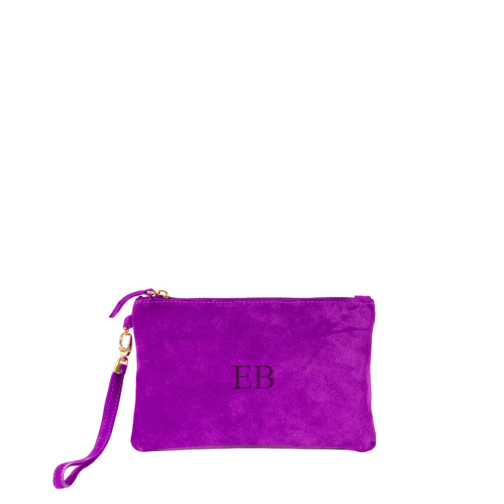 Purple suede personalized clutch with wrist strap