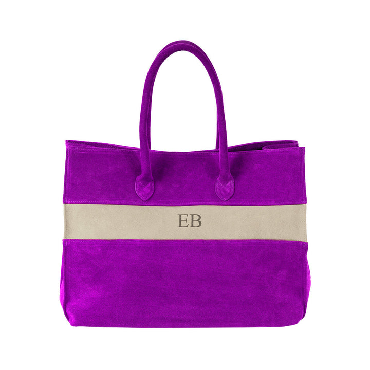 Purple suede tote bag with beige stripe and EB initials