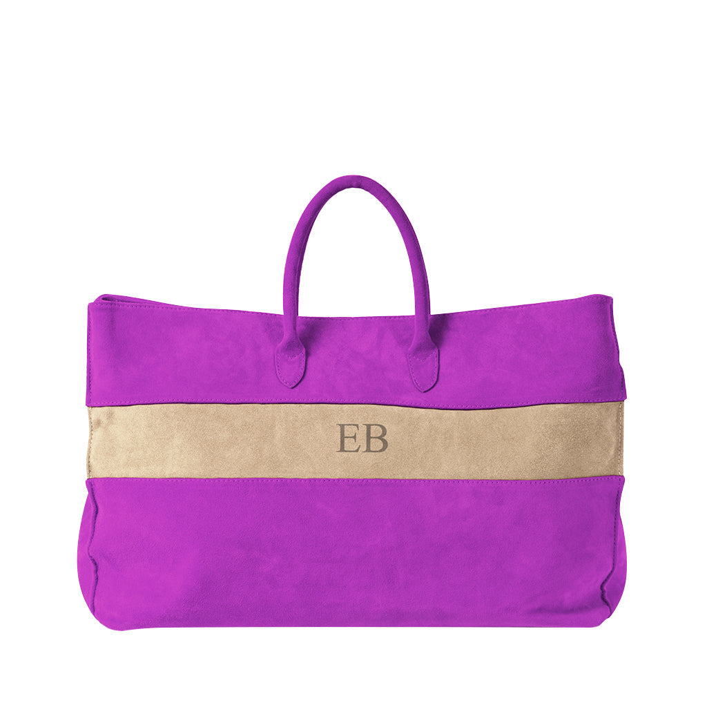 Purple suede handbag with beige stripe and initials 'EB'