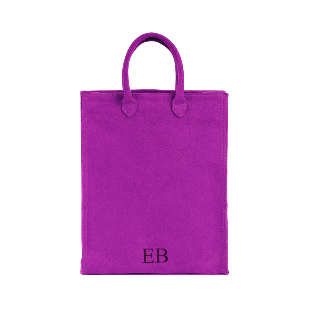 Purple suede tote bag with monogram EB on front