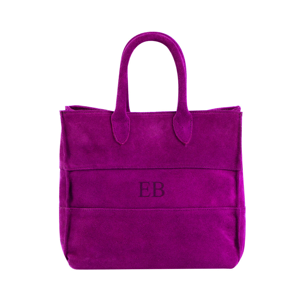 Purple suede tote bag with top handles and embroidered initials EB