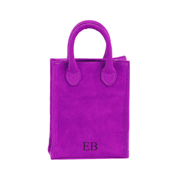 Purple suede handbag with monogram 'EB' and top handles