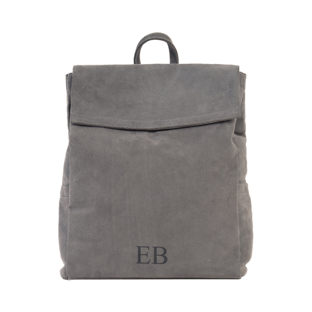 Gray suede backpack with flap closure and monogram EB