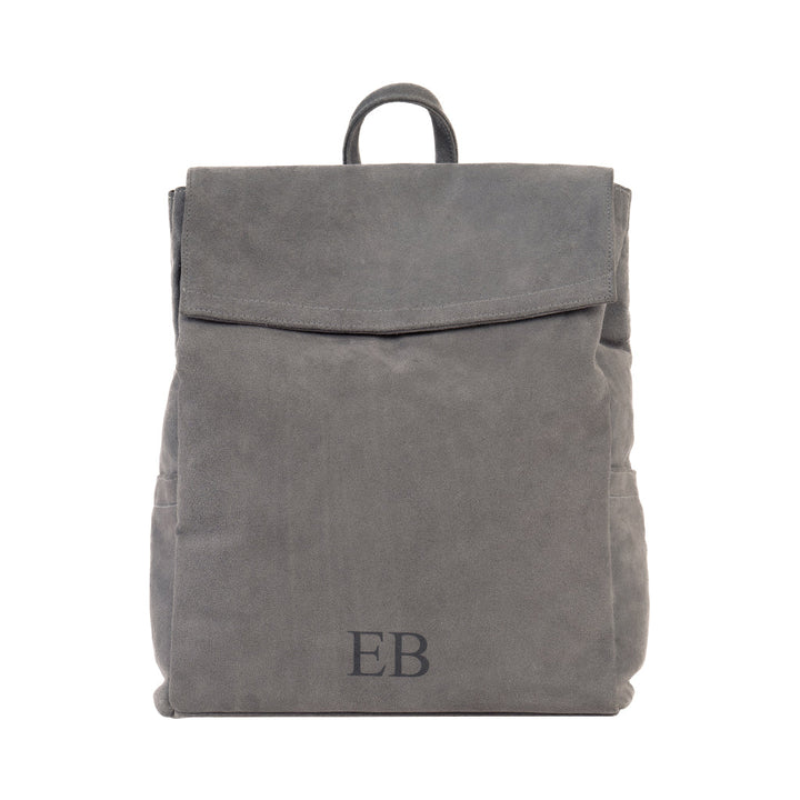 Gray suede backpack with flap closure and monogram EB