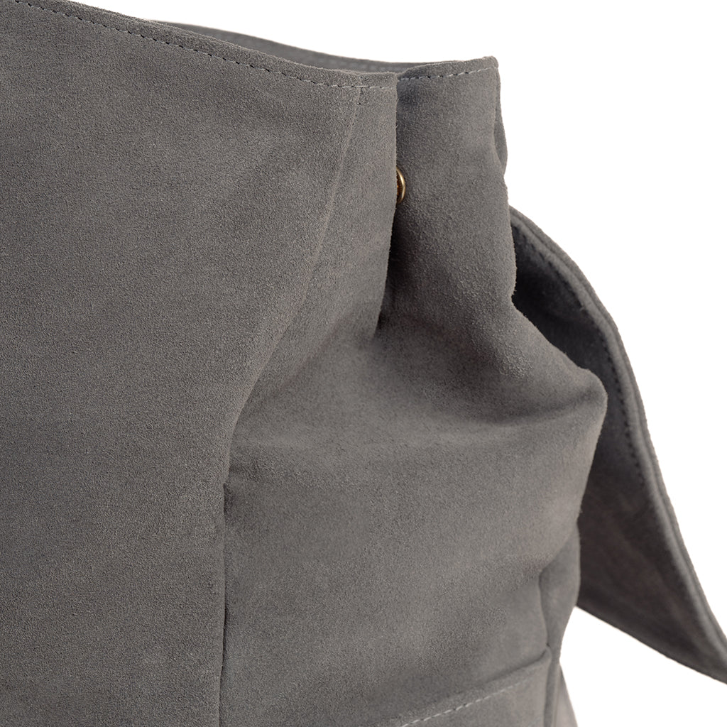 Grey suede backpack close-up showing texture and stitching